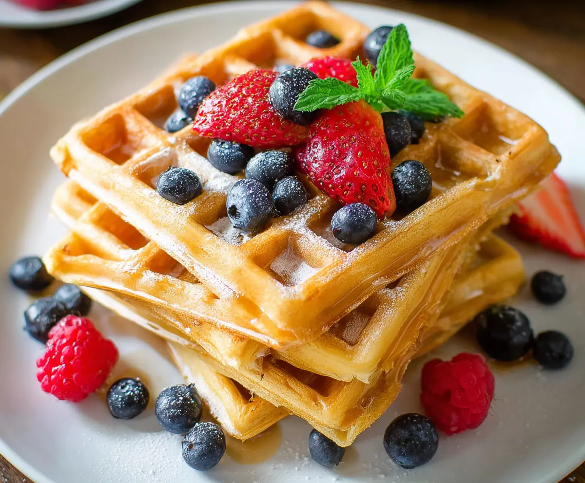 Delicious healthy protein waffles on a plate with fresh berries and syrup
