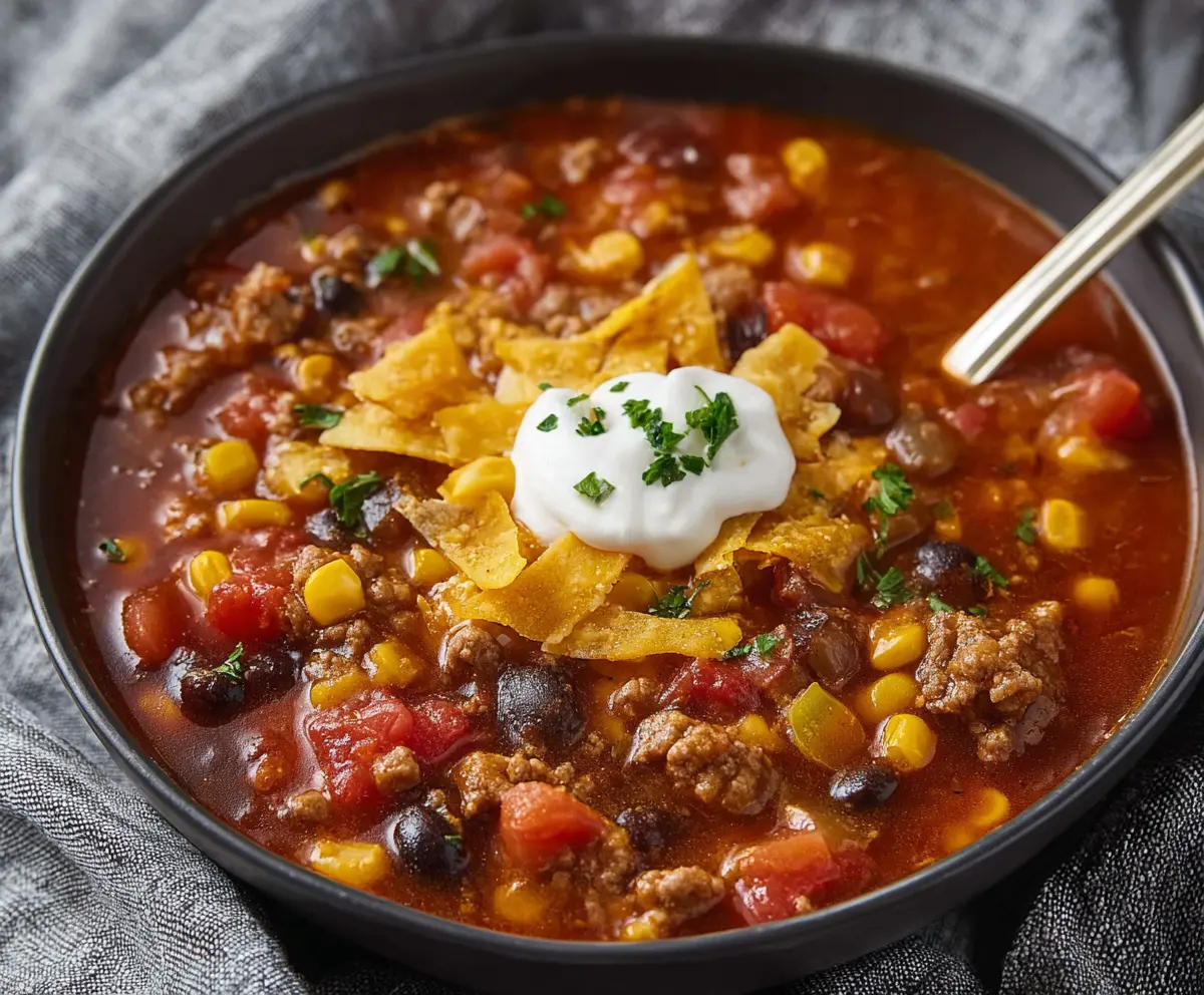 Warm, delicious Easy Taco Soup in a bowl topped with cheese and fresh herbs.