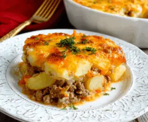 Delicious ground beef and potatoes casserole in a baking dish, perfect for family dinner.