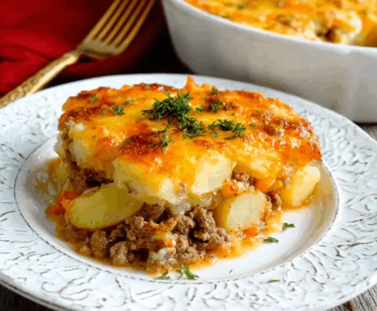 Delicious ground beef and potatoes casserole in a baking dish, perfect for family dinner.
