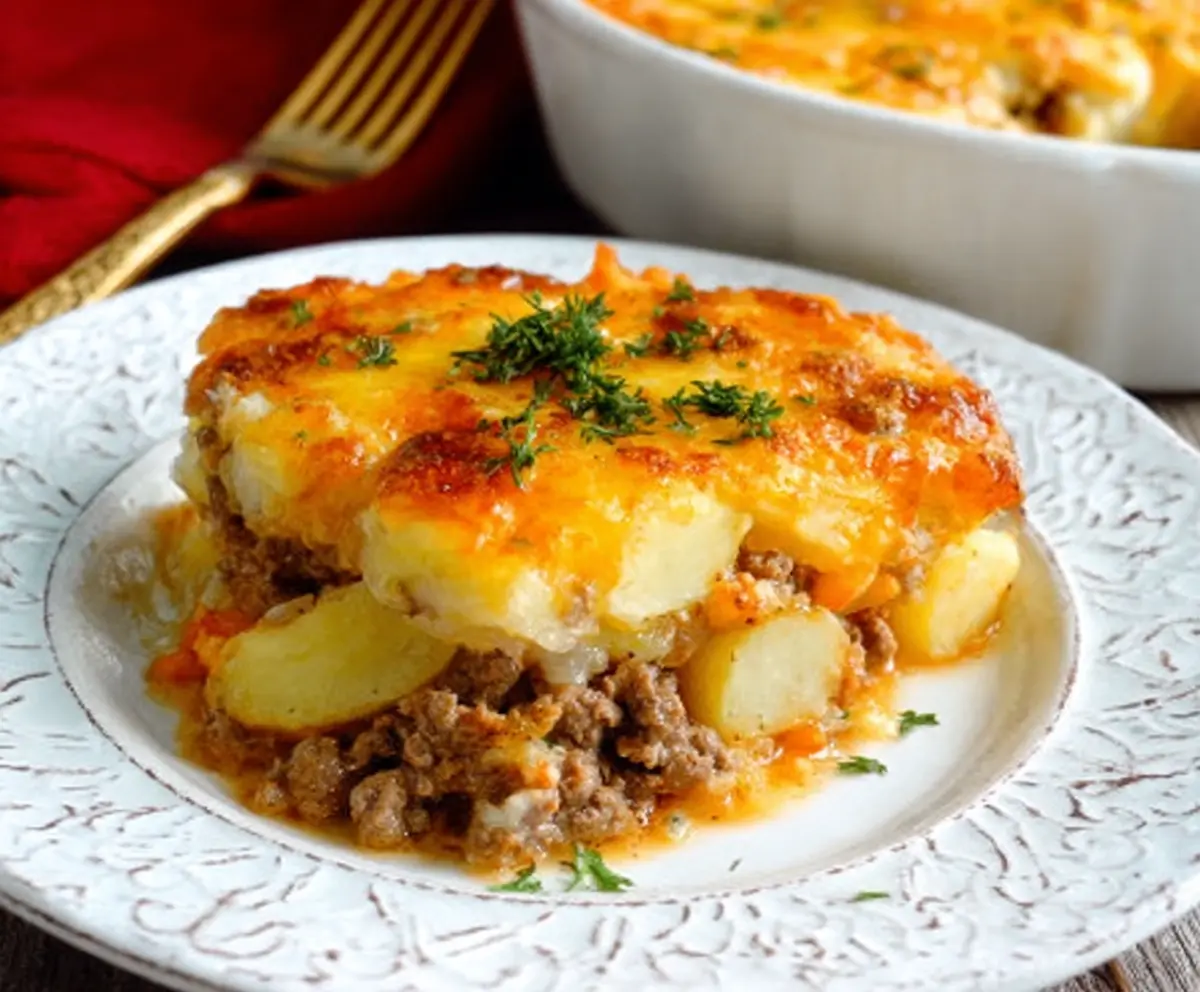 Delicious ground beef and potatoes casserole in a baking dish, perfect for family dinner.