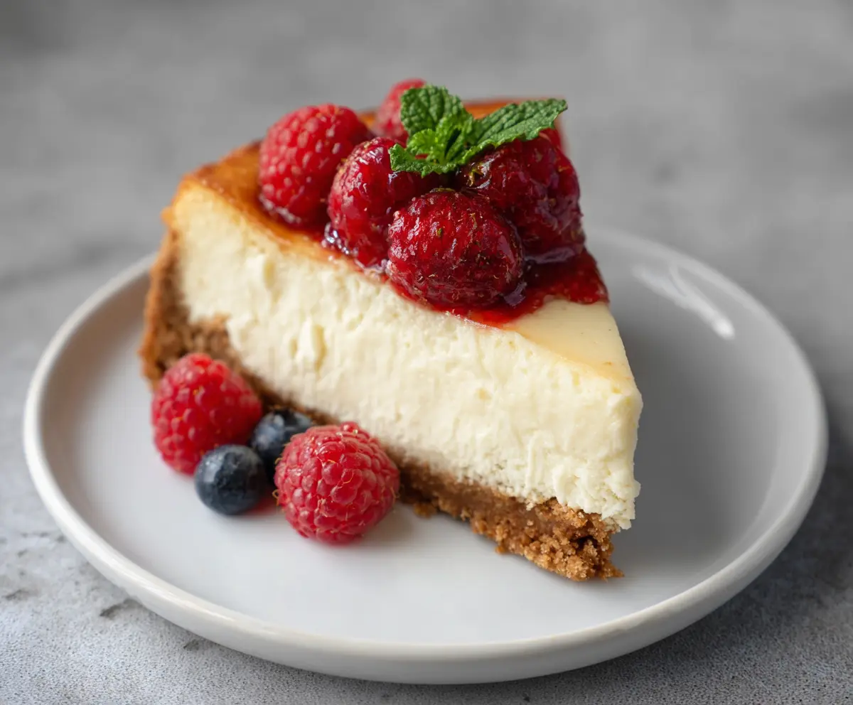 Delicious healthy cheesecake topped with fresh berries, low-calorie dessert under 100 calories.