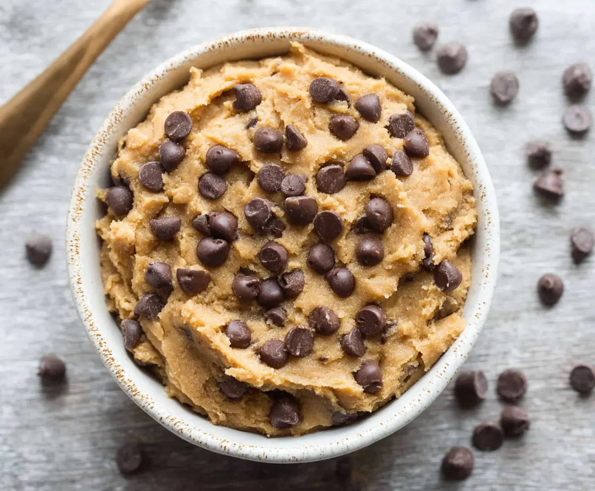 Delicious healthy cookie dough in a glass bowl, featuring a creamy texture and chocolate chips.