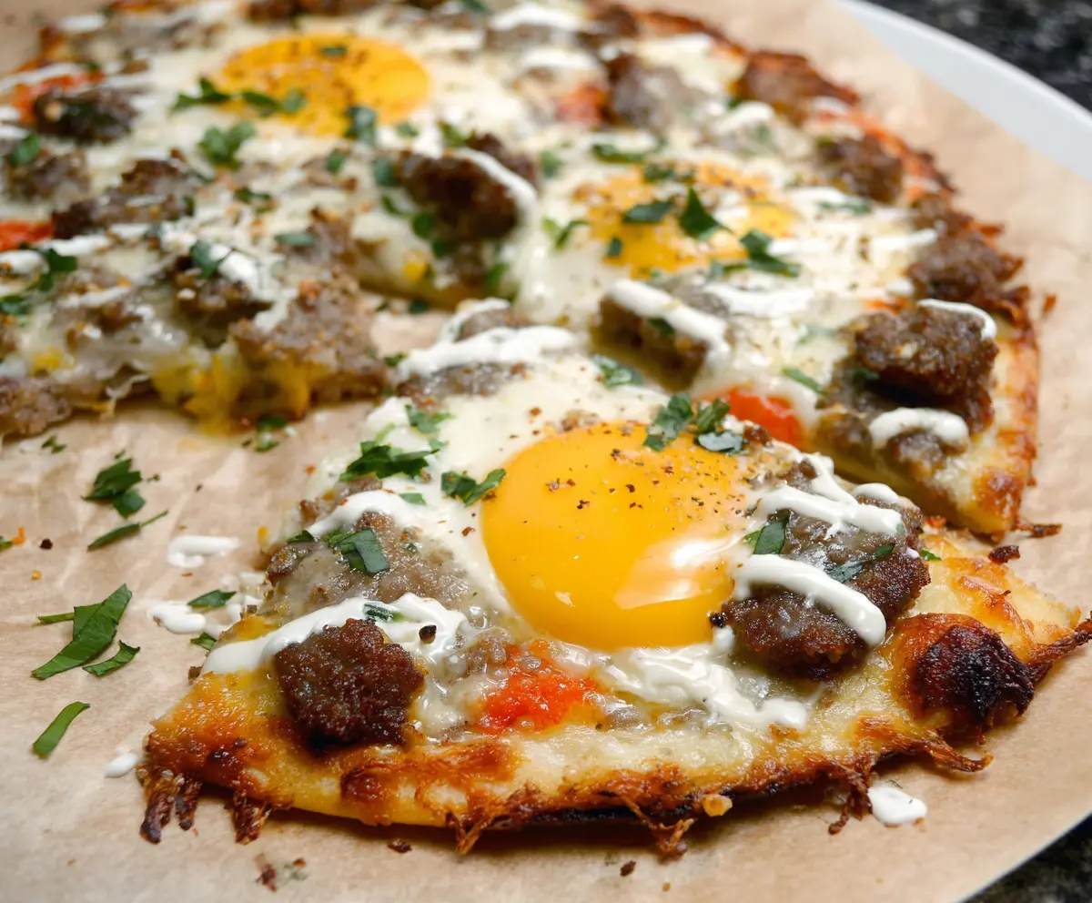 High protein sausage and egg breakfast pizza on a plate, topped with fresh herbs and melted cheese.