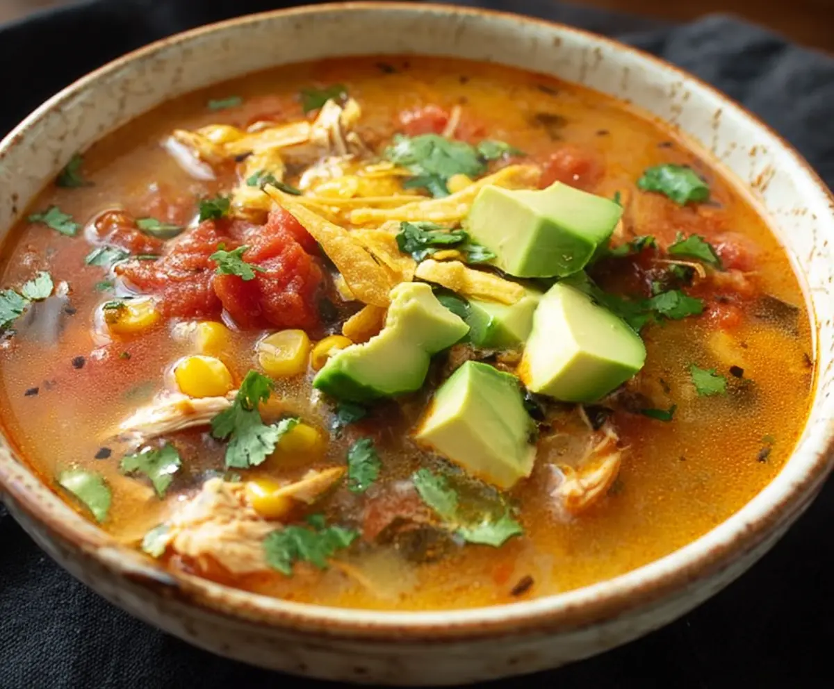Delicious homemade tortilla soup served with fresh toppings in a rustic bowl.