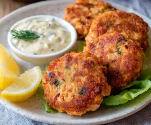 Delicious homemade old fashioned salmon patties served on a plate with fresh lemon and herbs.
