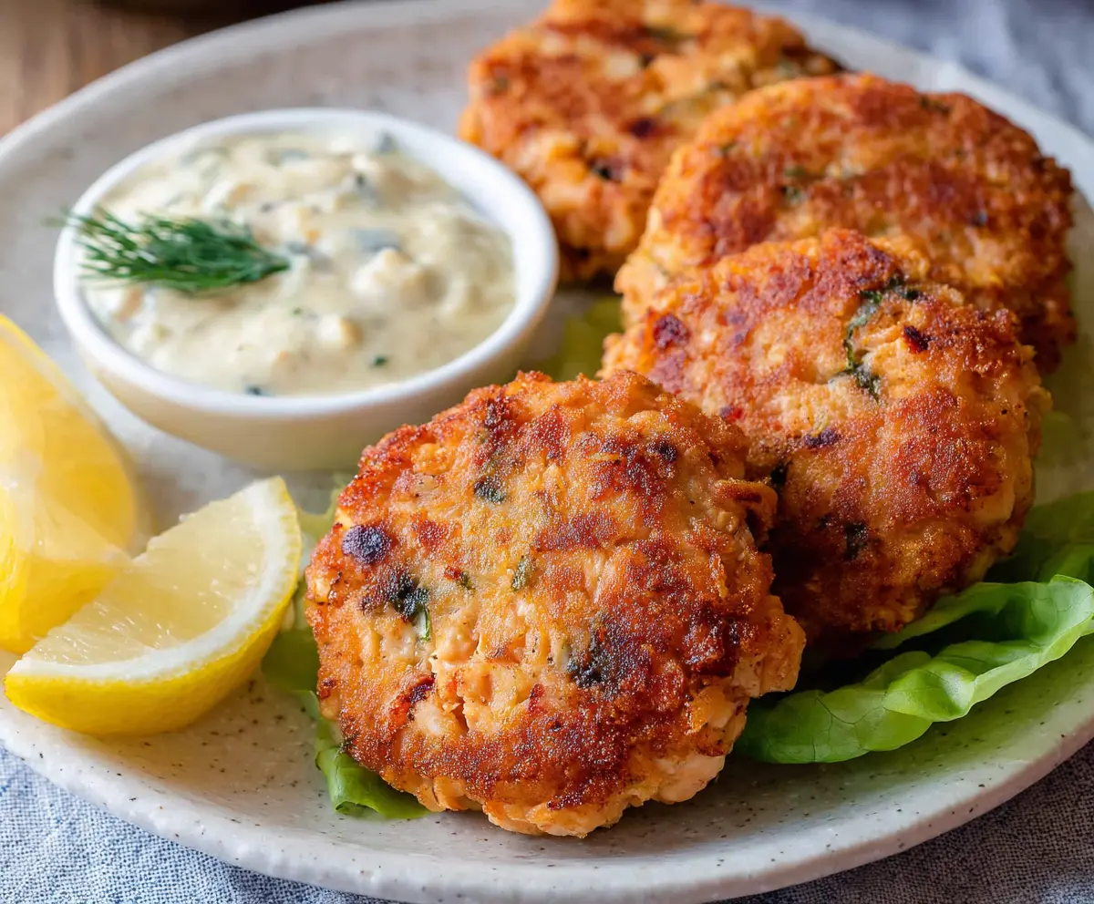 Delicious homemade old fashioned salmon patties served on a plate with fresh lemon and herbs.