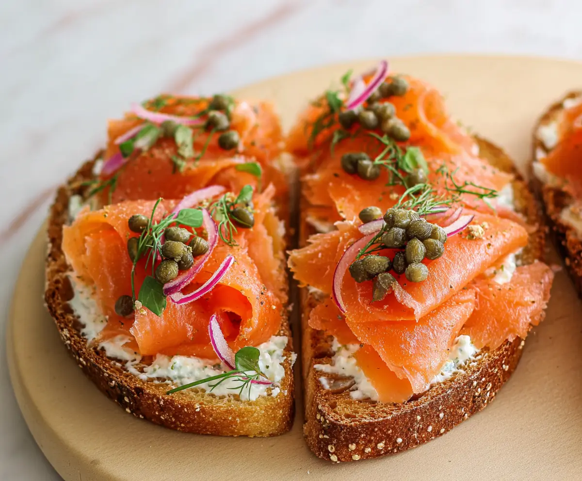 Delicious smoked salmon bruschetta topped with fresh herbs and creamy cheese on toasted baguette slices.