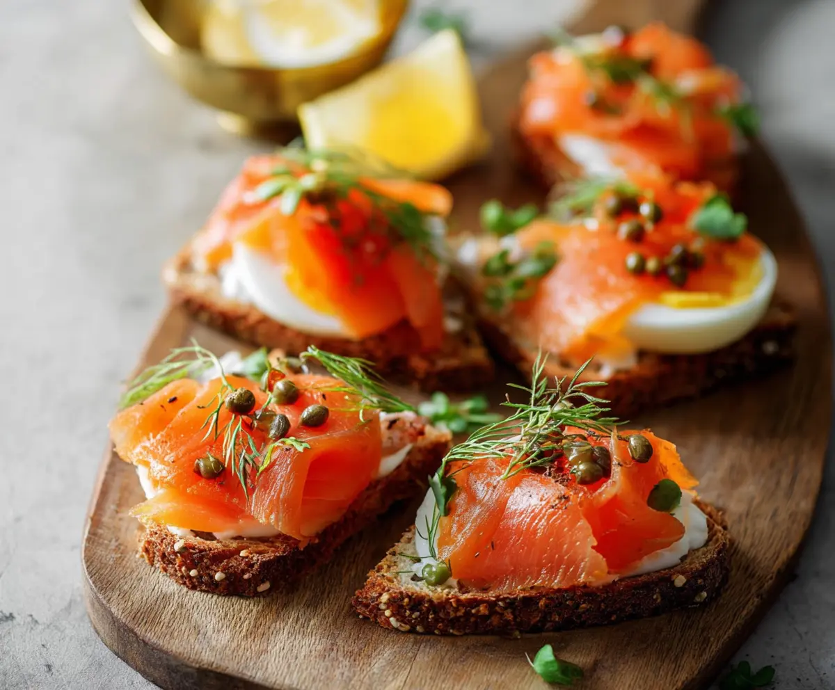 Juicy smoked salmon fillet garnished with fresh herbs on a rustic wooden table.