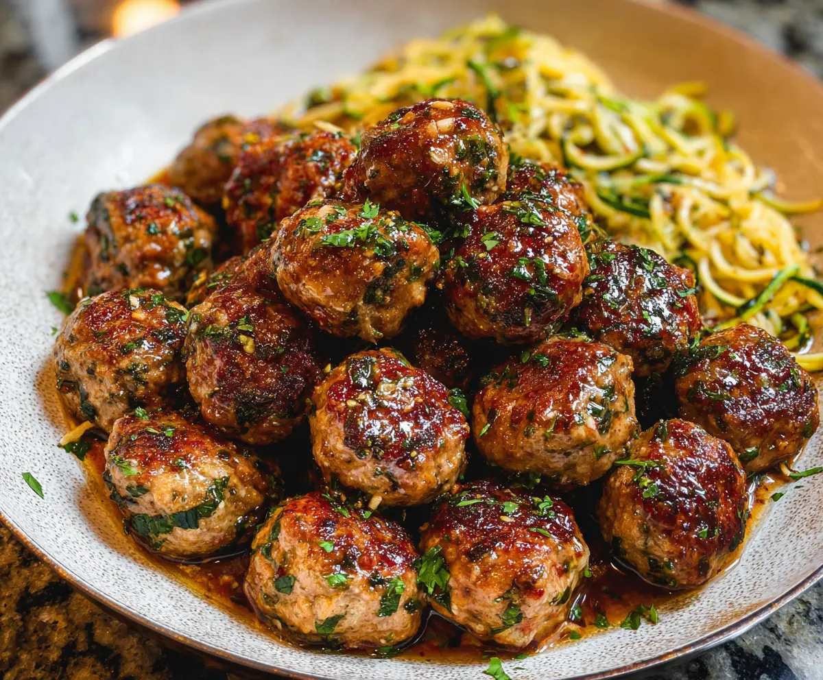 Delicious keto garlic butter meatballs served on a plate, showcasing a savory low-carb meal option.