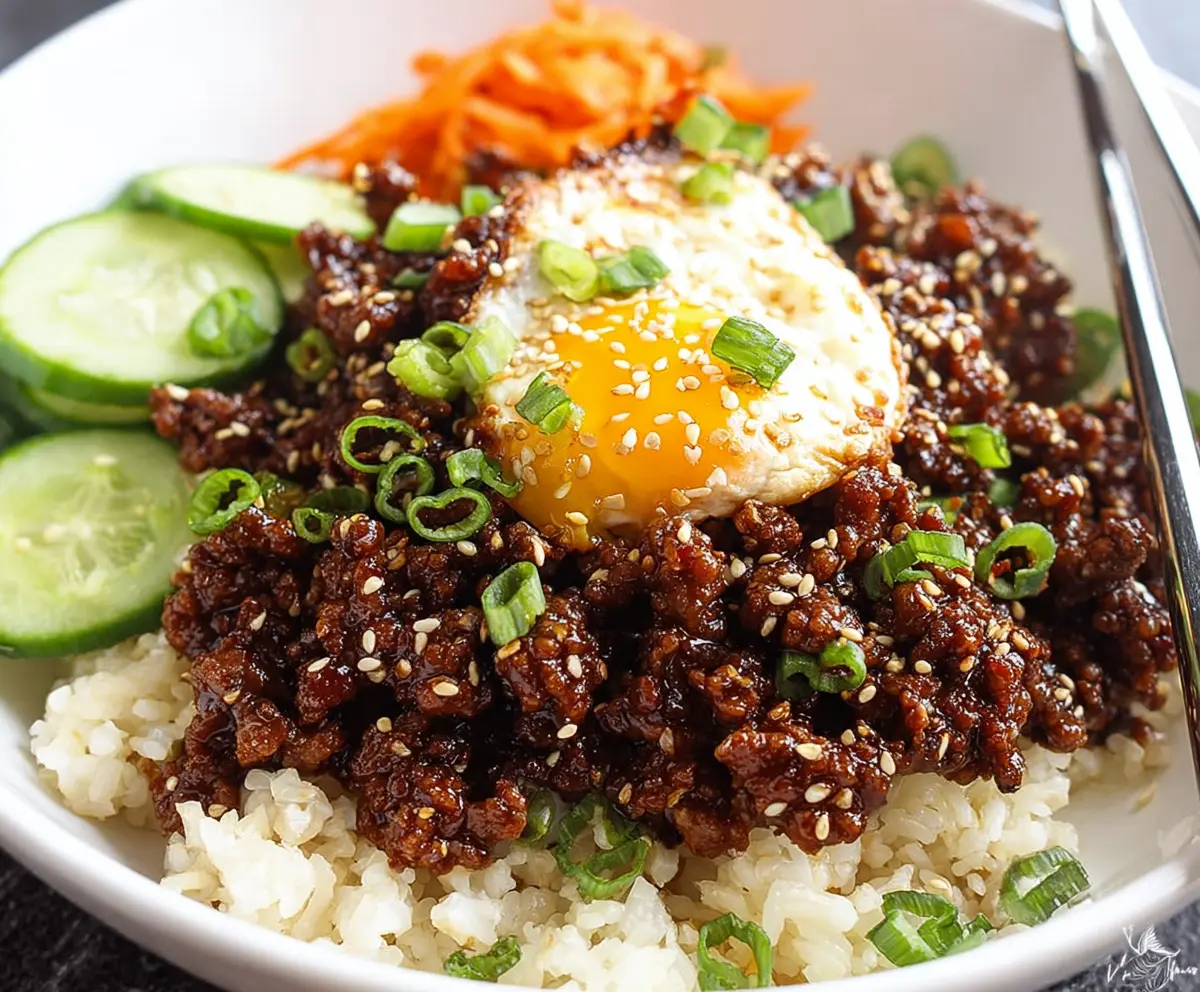 Delicious Korean Ground Beef Bowl served with rice and vegetables, perfect for a quick Asian-inspired meal.