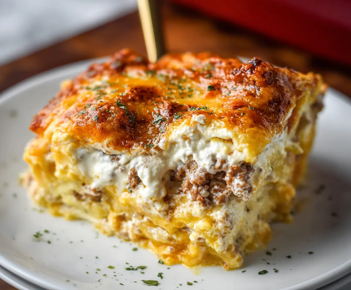 Delicious homemade lasagna with ricotta cheese layered with pasta and tomato sauce.