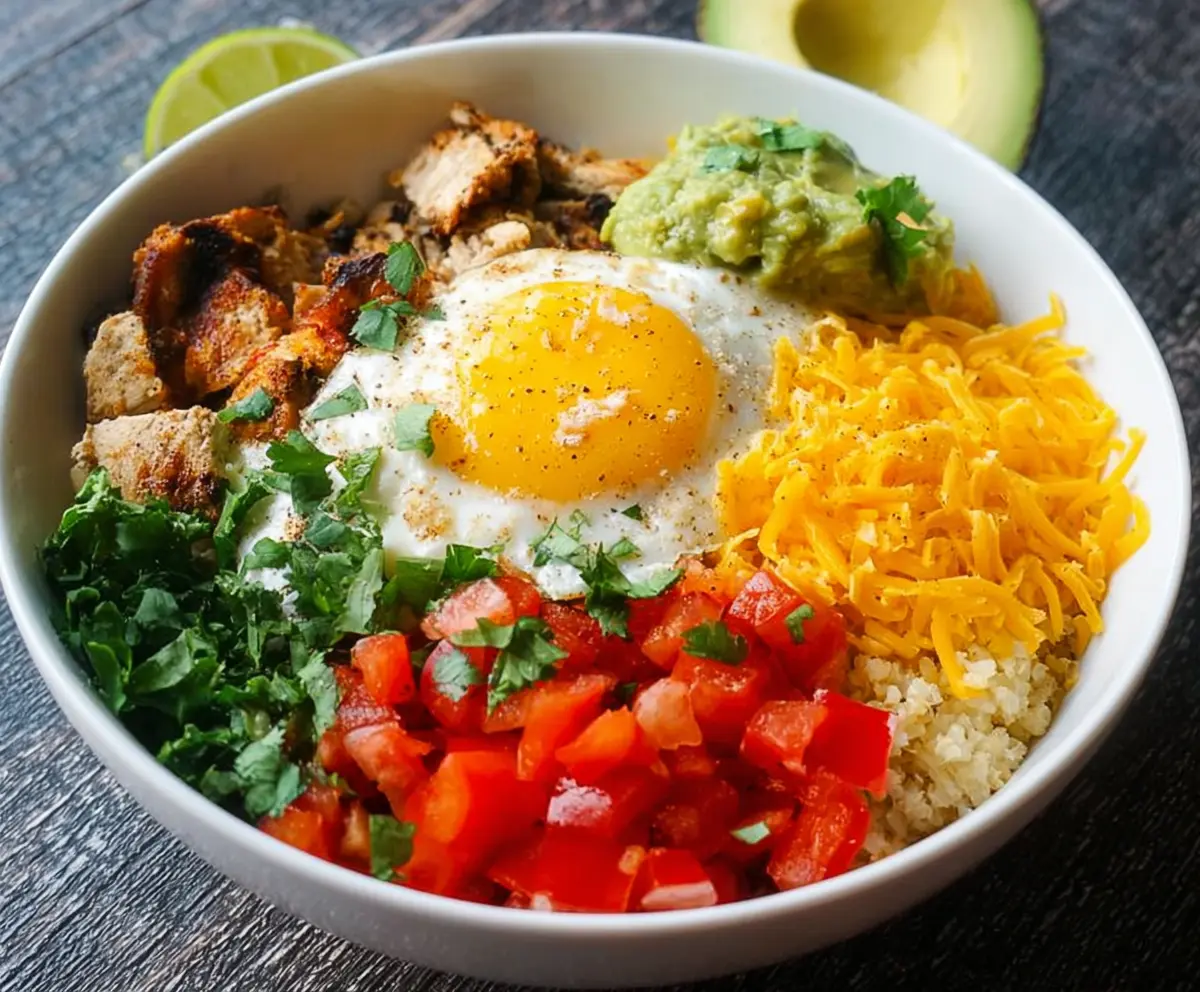 Delicious low carb breakfast burrito bowl with scrambled eggs, avocado, cheese, and salsa