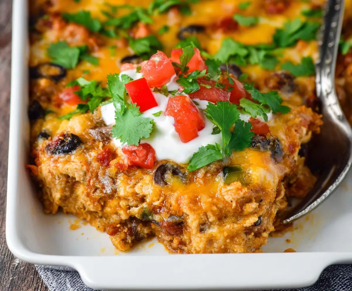 Delicious Mexican Chicken Casserole with melted cheese and flavorful spices, perfect for a comforting meal.