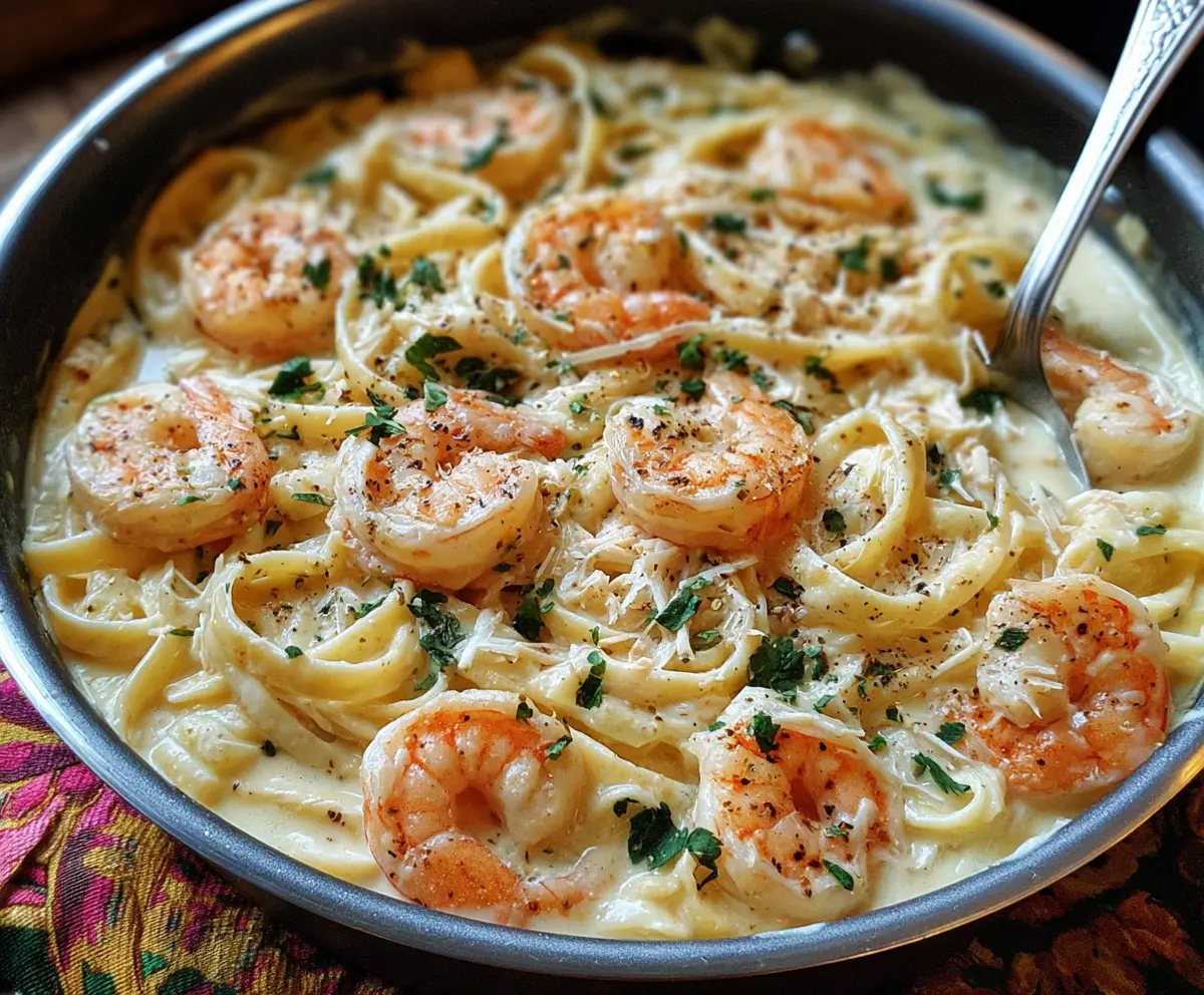 Creamy one-pot shrimp and crab Alfredo pasta dish garnished with herbs
