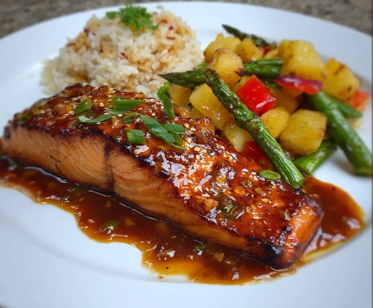 Delicious pineapple glazed salmon served with vibrant vegetables on a white plate.