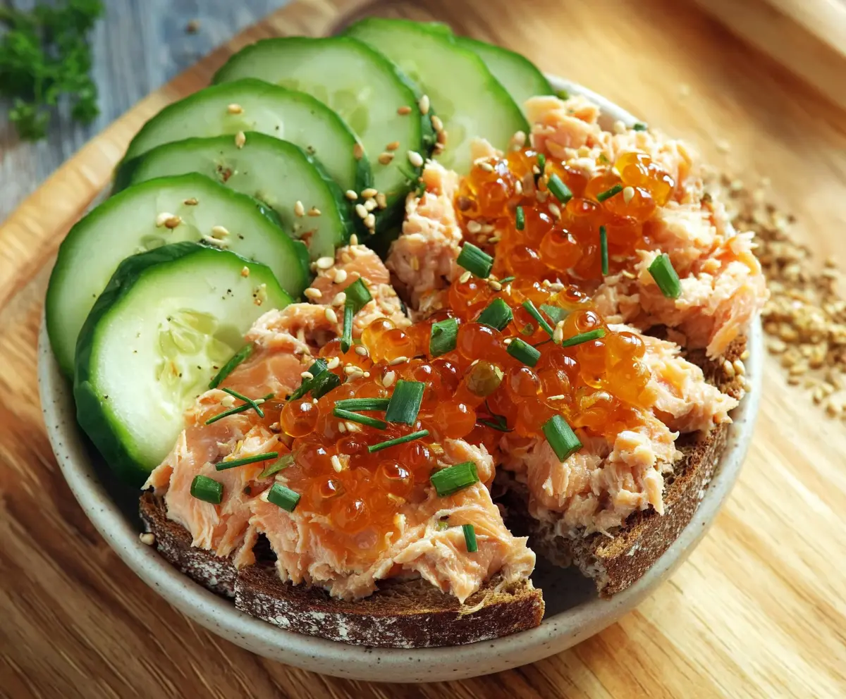 Delicious quick and healthy canned salmon recipe served with fresh vegetables and herbs