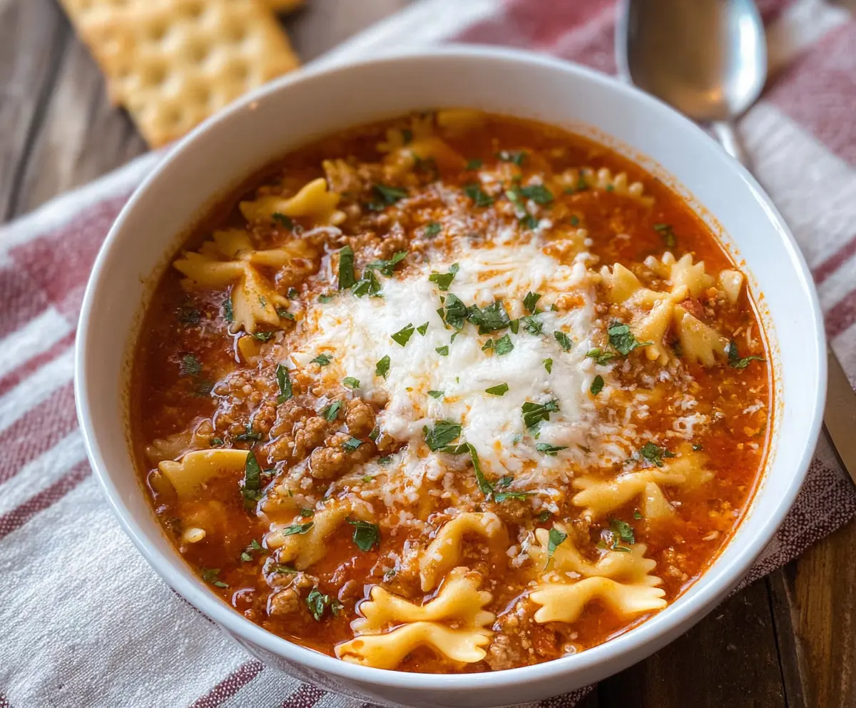 Delicious quick lasagna soup in a bowl with melted cheese and pasta, perfect for a cozy meal.