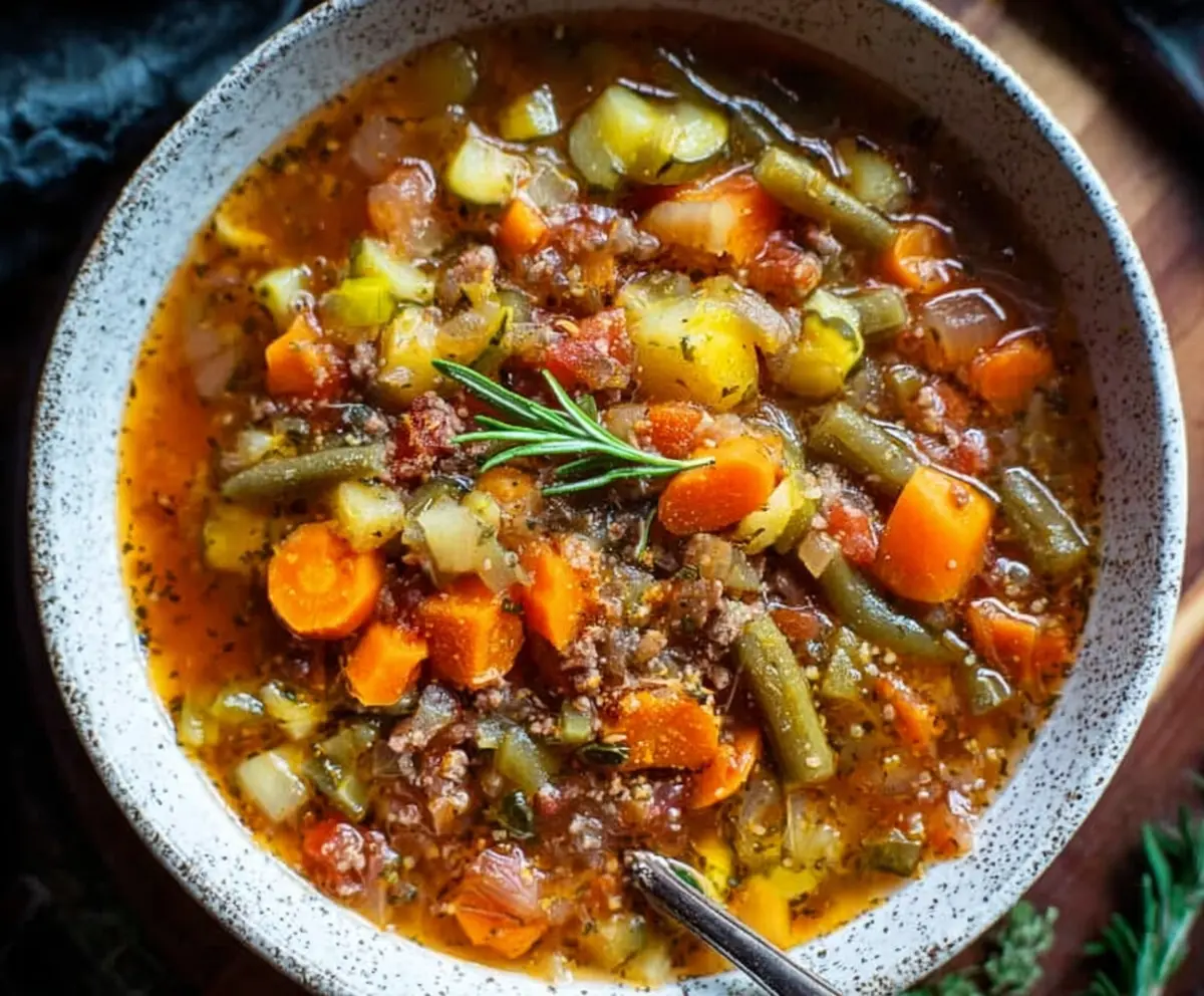 Hearty rustic vegetable soup in a bowl with fresh herbs and crusty bread on the side.