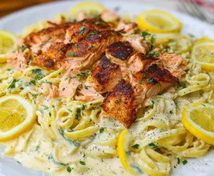 Delicious salmon pasta with lemon cream sauce, garnished with fresh herbs