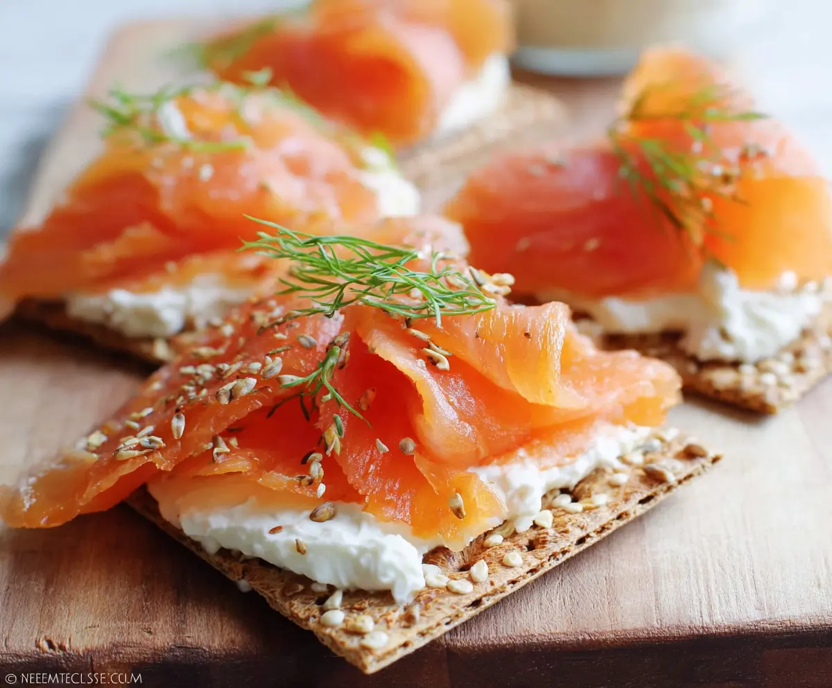 Delicious smoked salmon cream cheese crackers served on a platter, perfect as an elegant appetizer.