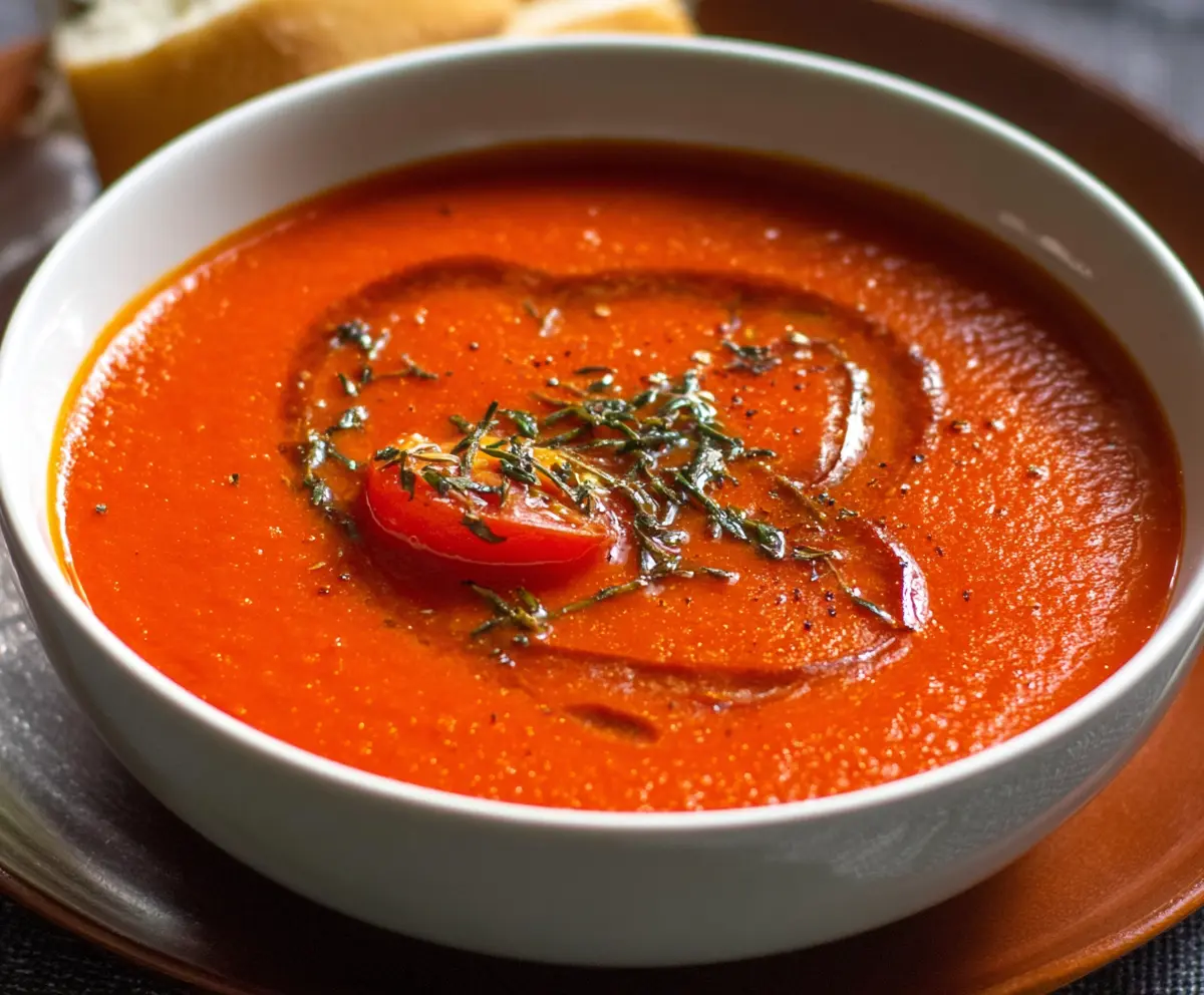 Creamy smooth tomato soup served in a bowl, garnished with fresh basil leaves for a delicious appetizer.