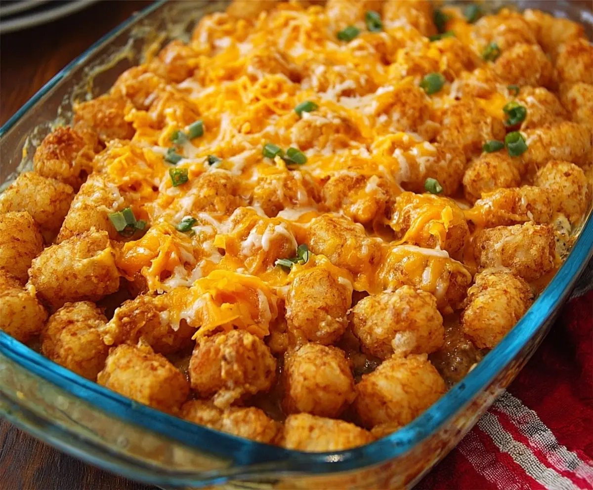 Delicious Tater Tot Casserole Recipe with creamy cheese and savory toppings served in a baking dish.