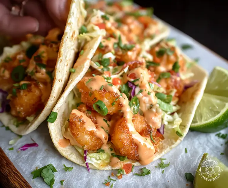 Delicious Bang Bang Shrimp Tacos topped with vibrant garnishes, perfect for a flavorful meal.