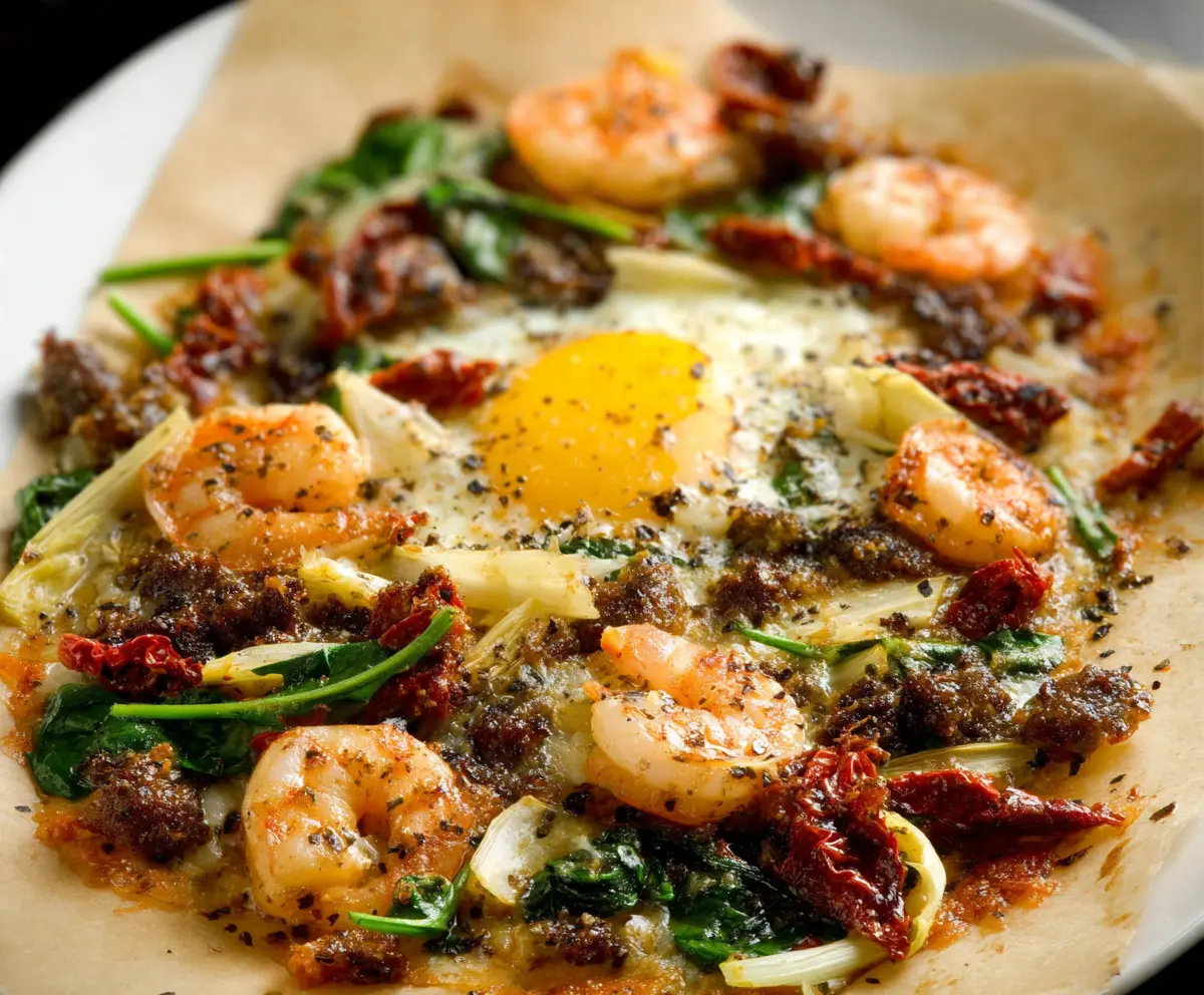 Delicious Tuscan Shrimp with Spinach, Artichokes, and Sun-Dried Tomatoes on a plate.