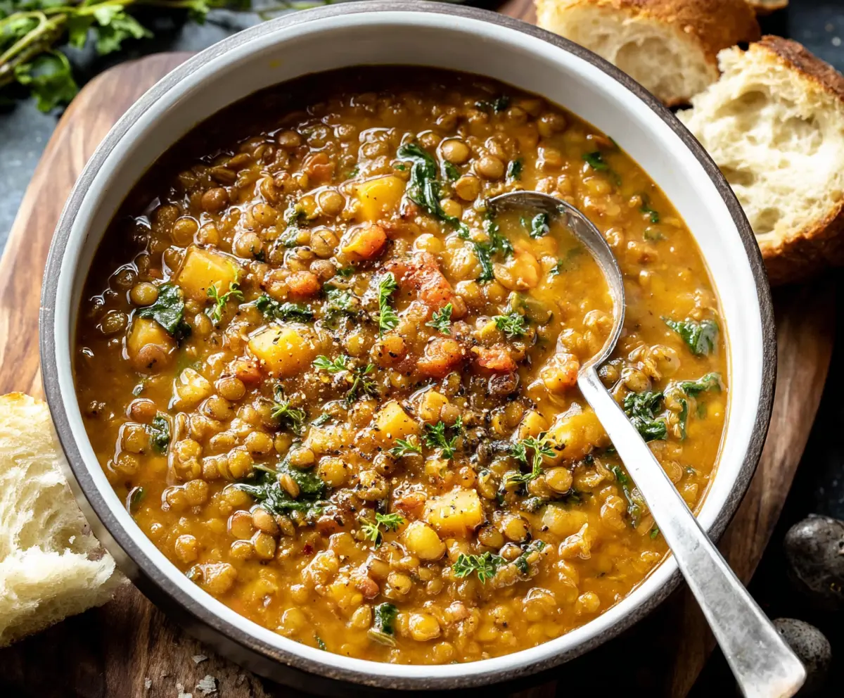 A steaming bowl of warm lentil soup garnished with fresh herbs, perfect for a comforting meal.