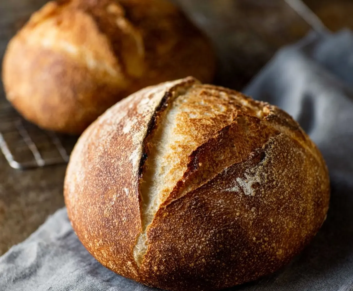 Golden crust sourdough bread fresh out of the oven with a rustic appearance and airy crumb.