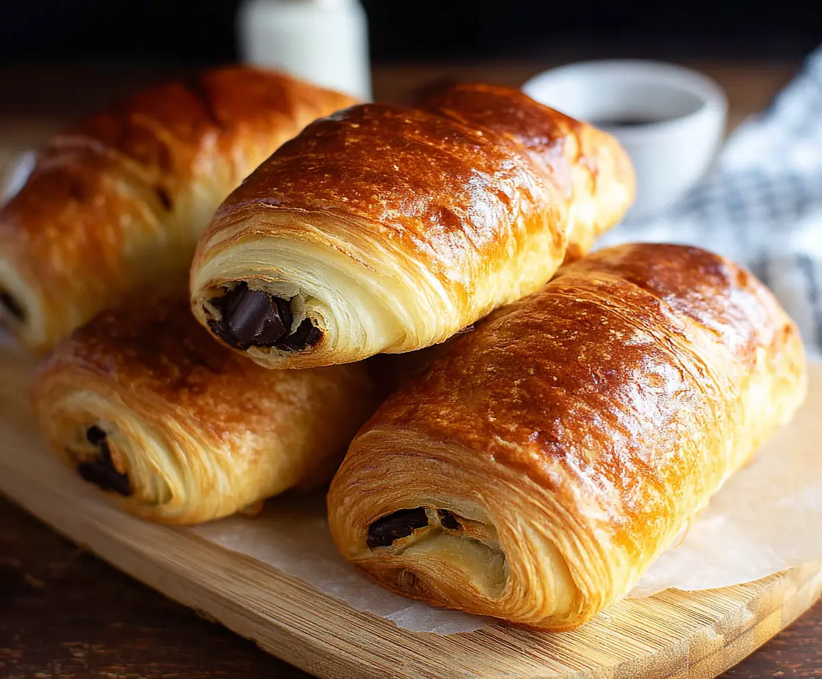 Delicious homemade chocolate croissants with flaky golden layers and rich chocolate filling.