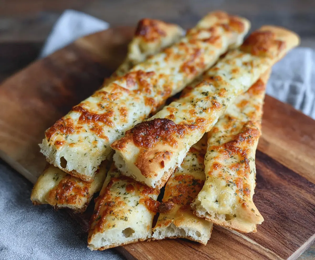 Golden crispy sourdough cheesy breadsticks fresh out of the oven, perfect for snack or appetizer.