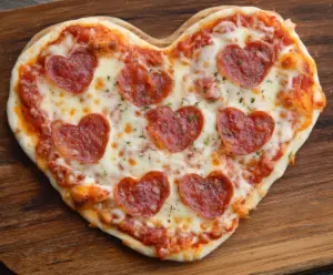 Delicious heart-shaped pizza with melted cheese and fresh toppings perfect for romantic occasions.