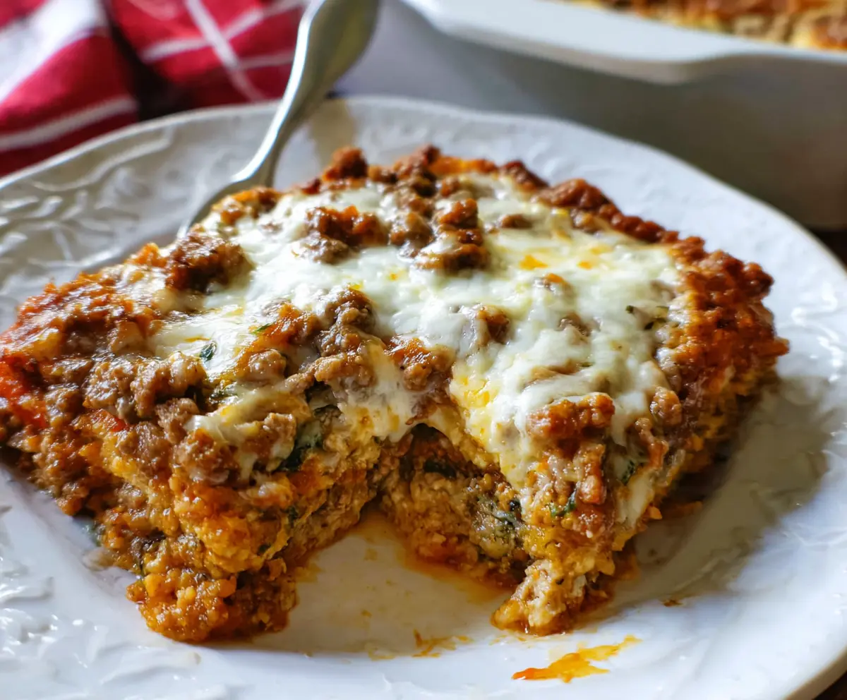Delicious keto lasagna with layers of cheese, zucchini, and meat in a baking dish.