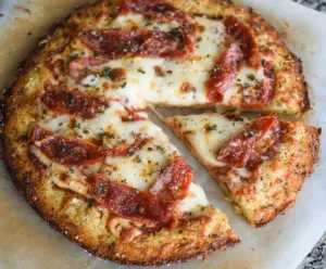 Delicious homemade keto pizza crust made with almond flour and cheese for low-carb dieting.