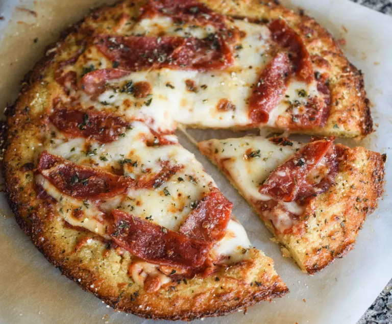 Delicious homemade keto pizza crust made with almond flour and cheese for low-carb dieting.