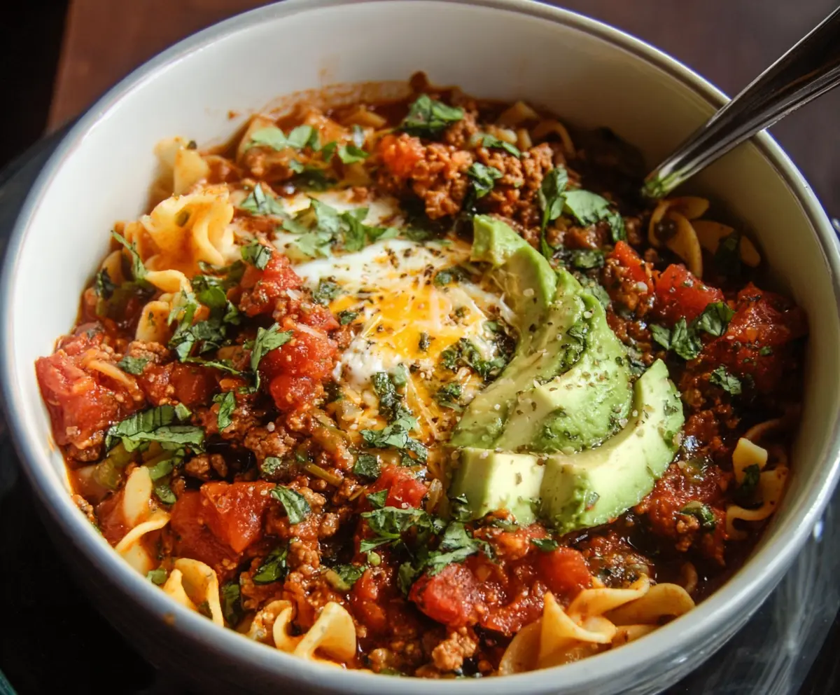 Delicious lasagna soup cooked in a crockpot with melted cheese and fresh herbs