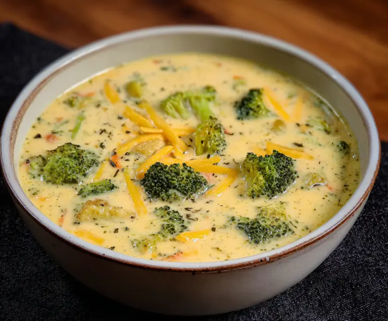 Rich and creamy Panera Broccoli Cheese Soup served in a bowl, topped with melted cheese and fresh broccoli florets.