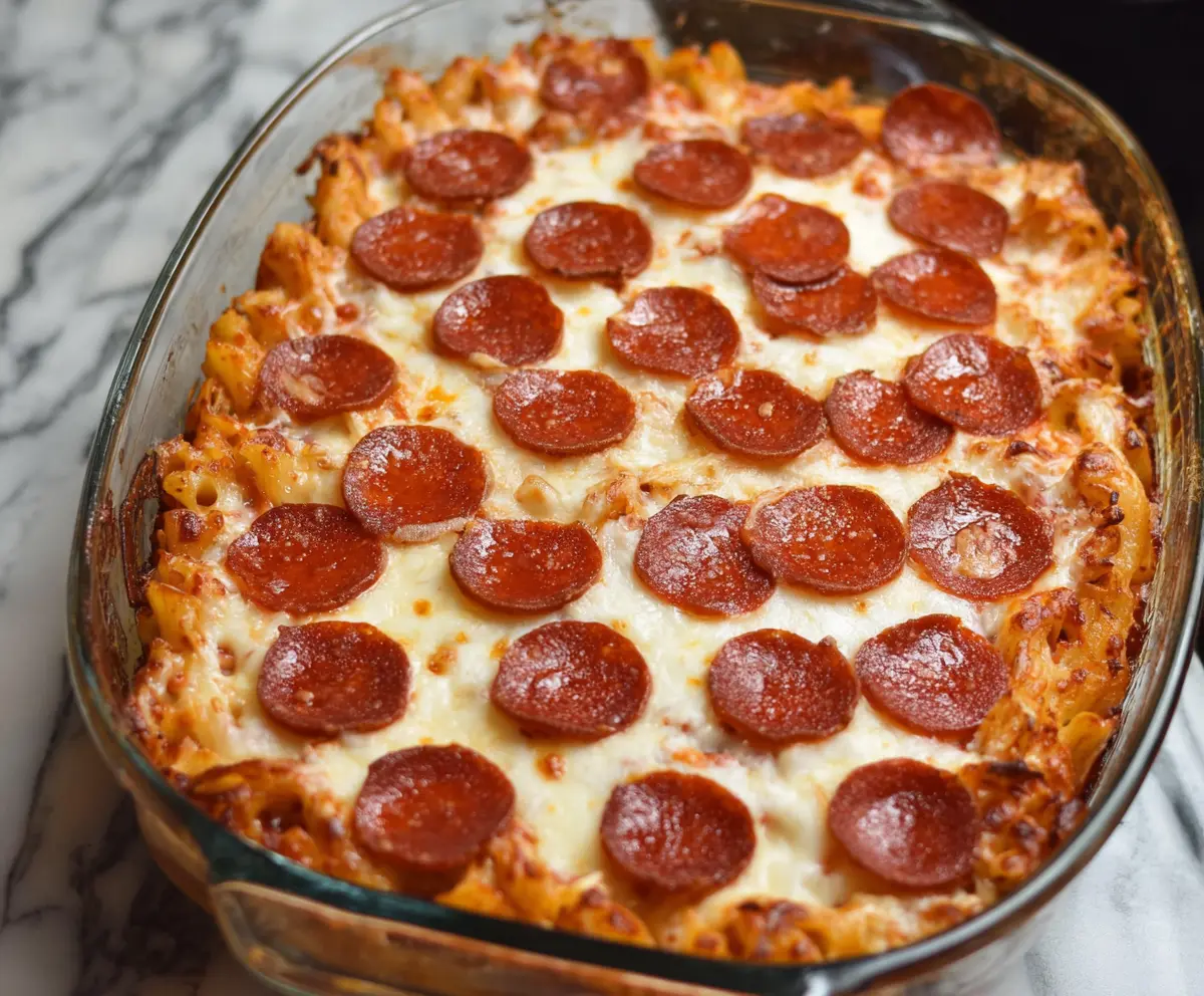 Delicious Pepperoni Pizza Casserole topped with melted cheese and pepperoni slices.