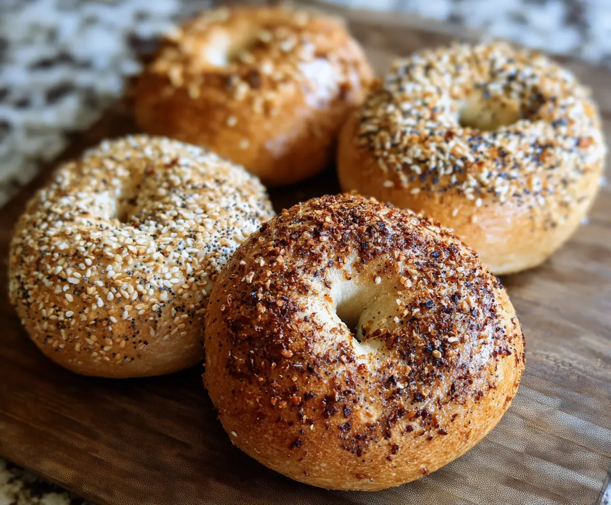 Freshly baked sourdough bagels on a wooden cutting board, golden crust and chewy texture.