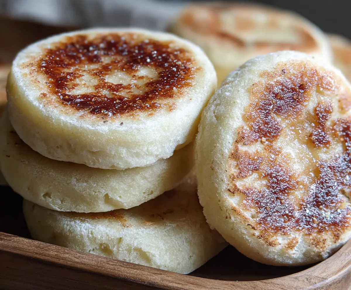 Baked sourdough discard English muffins with toasted golden crust on a wooden board.
