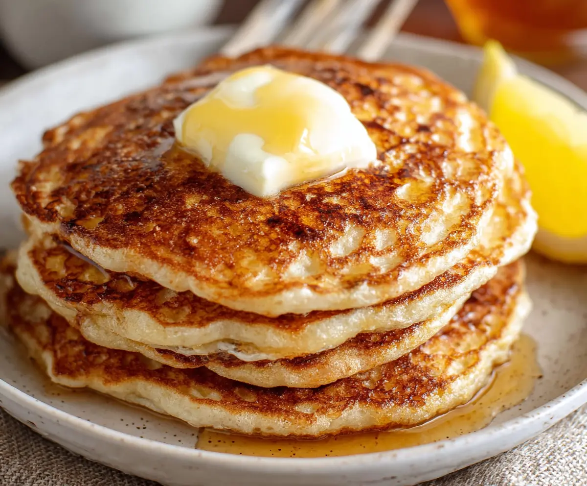Fluffy sourdough discard pancakes topped with fresh berries and syrup